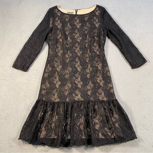 Muse Women’s Black Lace Drop-Waist Dress, 3/4 sleeves, back zipper, lined, 10